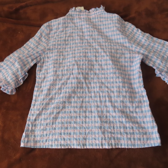 Never A Wallflower RUFFLE COLLAR HENLEY PINK & BLUE CHECK XS NWT $112 - Picture 3 of 5